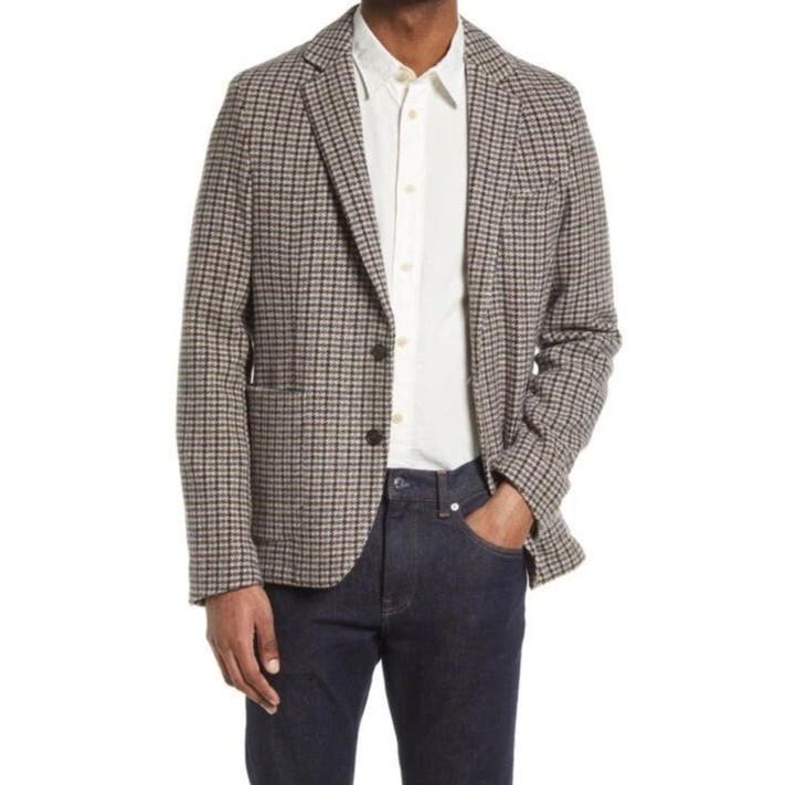 Officine Generale Sports Coat Mens Size 48 Tan Houndstooth Wool Blazer $595